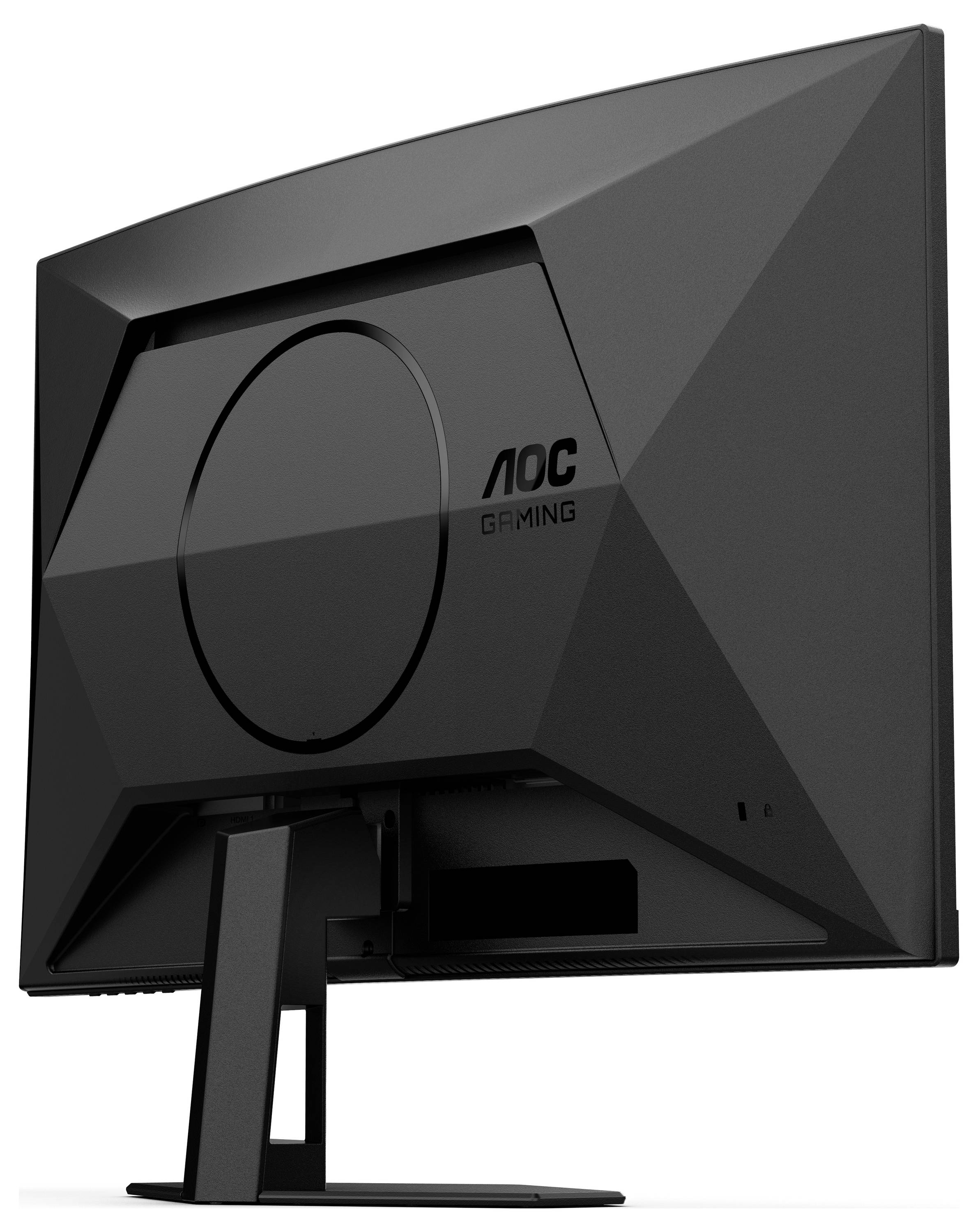 Schwarz-weißer Gaming-Monitor von hinten gezeigt, betont modernes, geometrisches Design mit Standfuß und rückseitigem Lüftergitter.