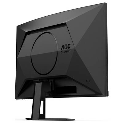 Schwarz-weißer Gaming-Monitor von hinten gezeigt, betont modernes, geometrisches Design mit Standfuß und rückseitigem Lüftergitter.