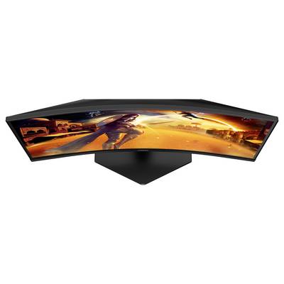 Ein gebogener Gaming-Monitor zeigt ein Action-Spiel mit einer Figur in einem futuristischen Kampfanzug in einer Sci-Fi-Landschaft.