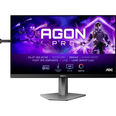 Ein Gaming-Monitor zeigt zwei kämpfende Figuren in einer futuristischen Landschaft. Text: 'AGON PRO 24,5" 1920x1080 390Hz'.