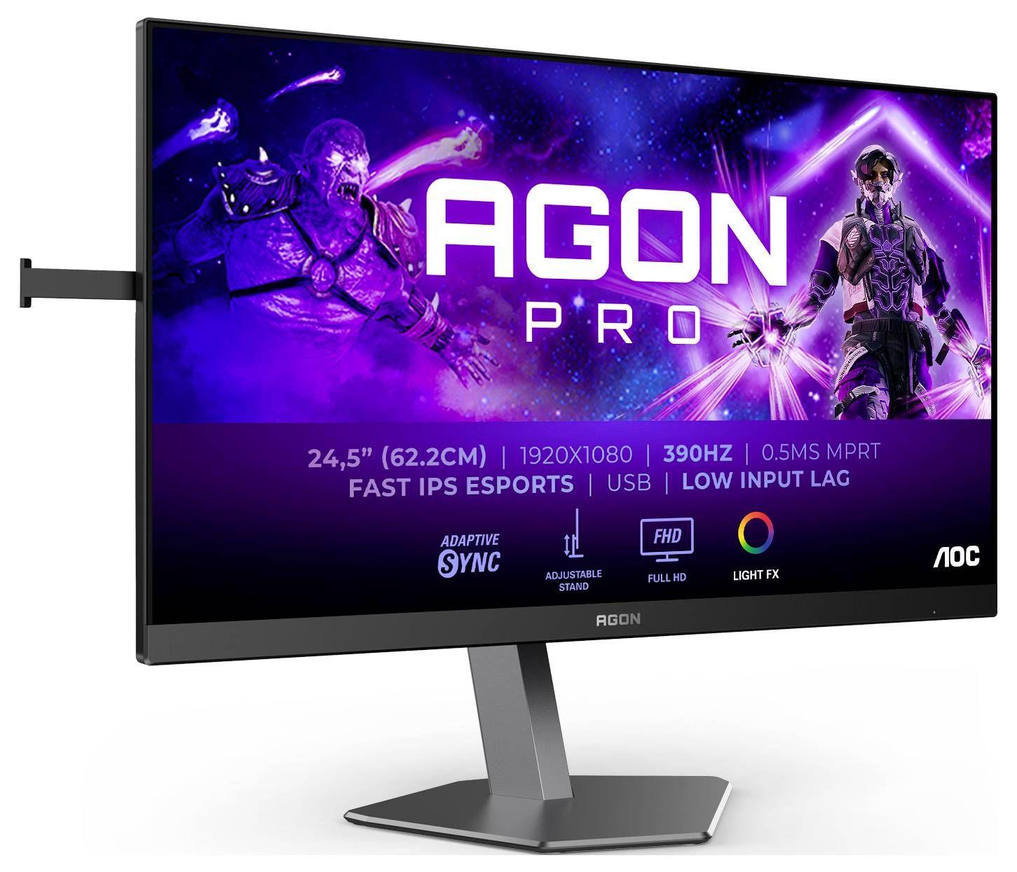 Ein Gaming-Monitor mit der Aufschrift 'AGON PRO', beworben mit 24,5 Zoll, 390 Hz und schnellen Reaktionszeiten, ideal für E-Sports.