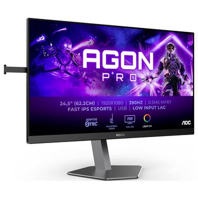 Ein Gaming-Monitor mit der Aufschrift 'AGON PRO', beworben mit 24,5 Zoll, 390 Hz und schnellen Reaktionszeiten, ideal für E-Sports.