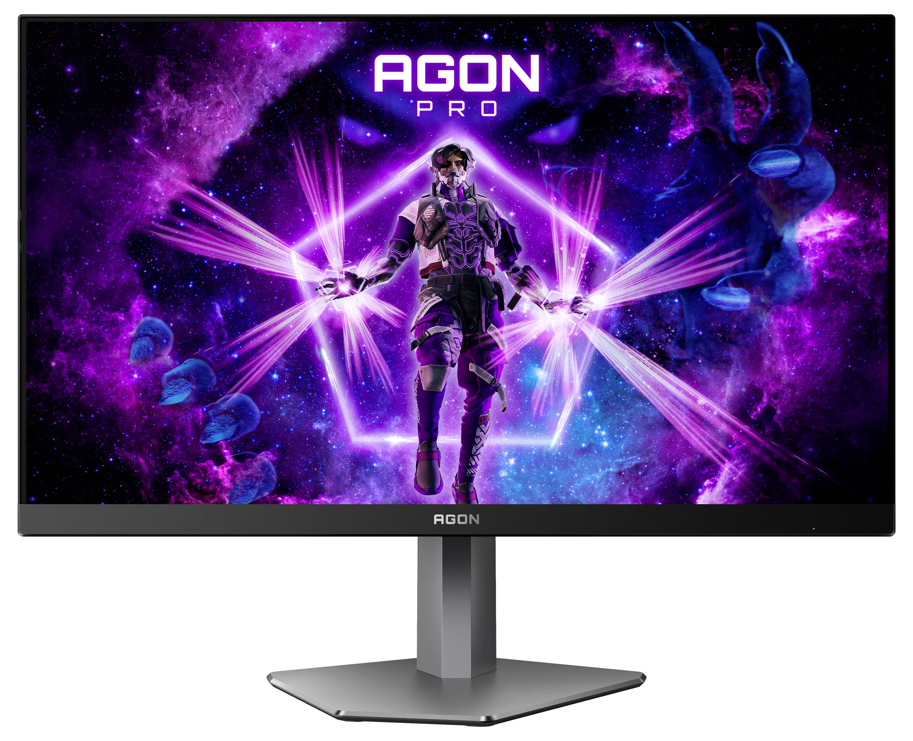 Ein Gaming-Monitor mit dem Schriftzug 'AGON PRO' zeigt ein futuristisches, lila Thema mit einer Figur in der Mitte, umgeben von Lichtstrahlen.