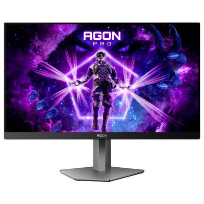 Ein Gaming-Monitor mit dem Schriftzug 'AGON PRO' zeigt ein futuristisches, lila Thema mit einer Figur in der Mitte, umgeben von Lichtstrahlen.