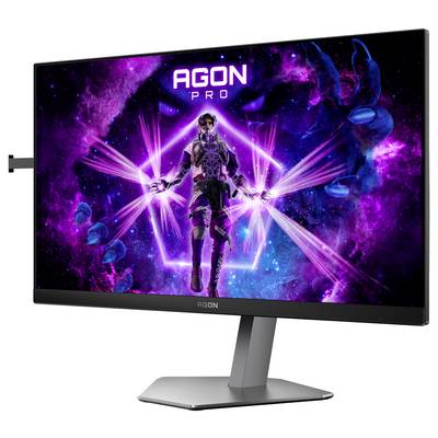 Ein Monitor zeigt ein buntes Science-Fiction-Bild mit einem futuristischen Charakter und dem Text 'AGON PRO'.