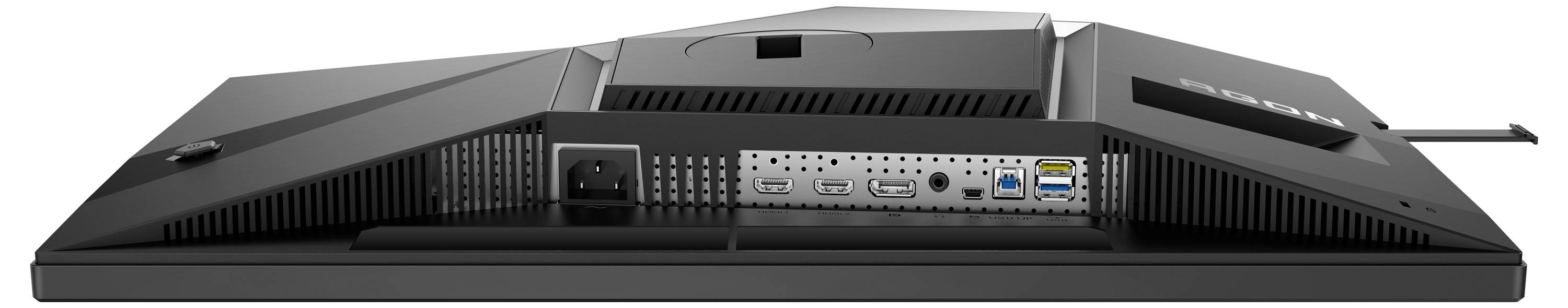 Rückansicht eines Computer-Monitors mit Anschlussmöglichkeiten; zeigt diverse Schnittstellen wie HDMI, DisplayPort, USB und Stromversorgung.