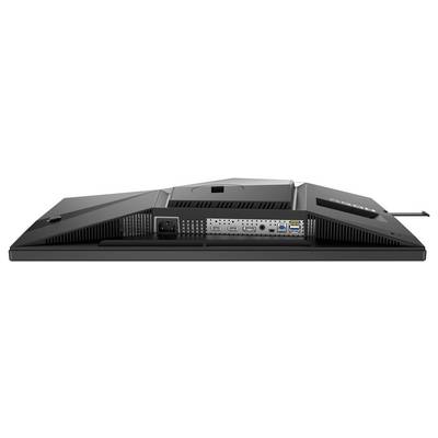 Rückansicht eines Computer-Monitors mit Anschlussmöglichkeiten; zeigt diverse Schnittstellen wie HDMI, DisplayPort, USB und Stromversorgung.