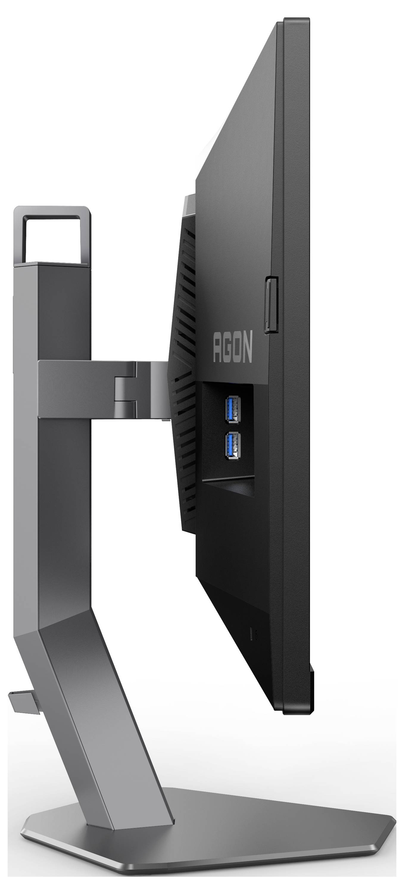 Ein Computerbildschirm der Marke Agon, seitlich betrachtet, zeigt den schlanken Rahmen und zwei USB-Anschlüsse.