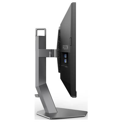 Ein Computerbildschirm der Marke Agon, seitlich betrachtet, zeigt den schlanken Rahmen und zwei USB-Anschlüsse.