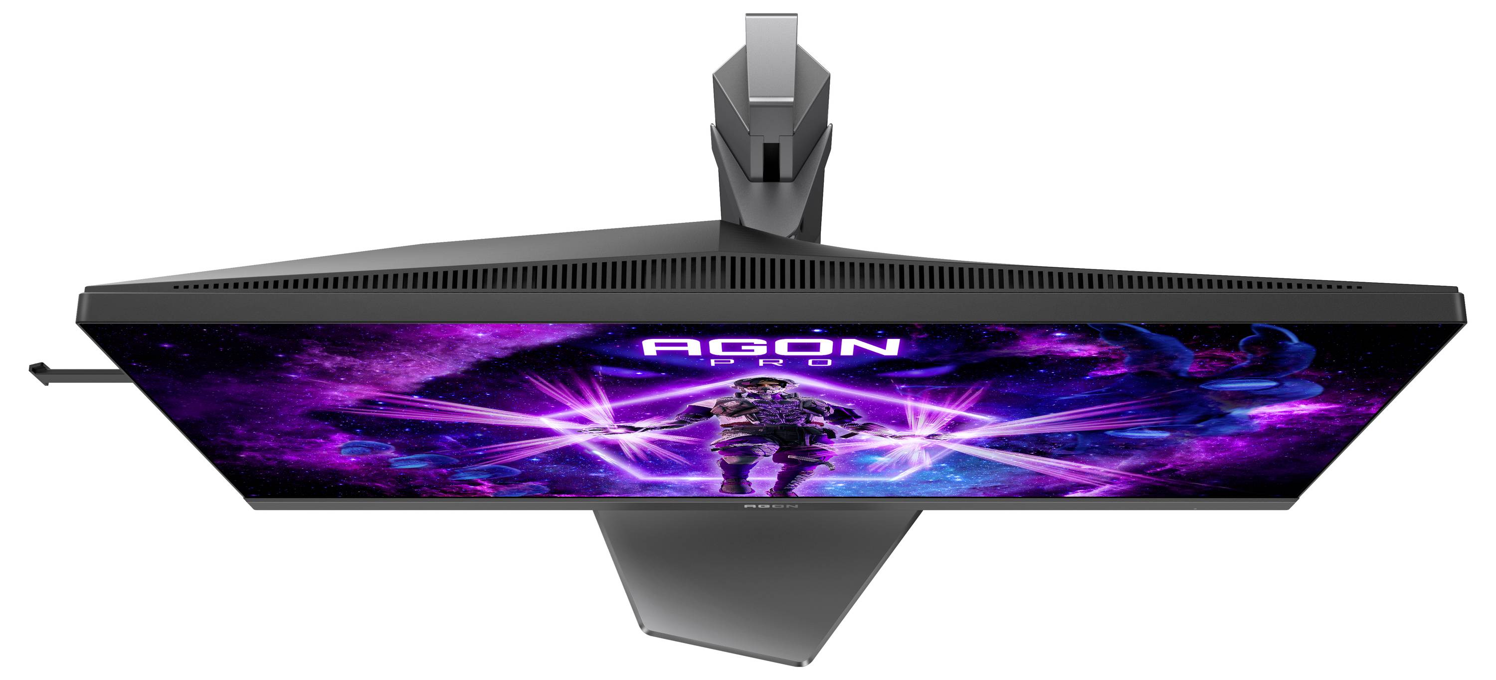 Ein Monitor von oben gesehen, zeigt ein Sci-Fi-Spiel mit einem futuristischen Krieger und lila Lichteffekten auf dem Bildschirm.