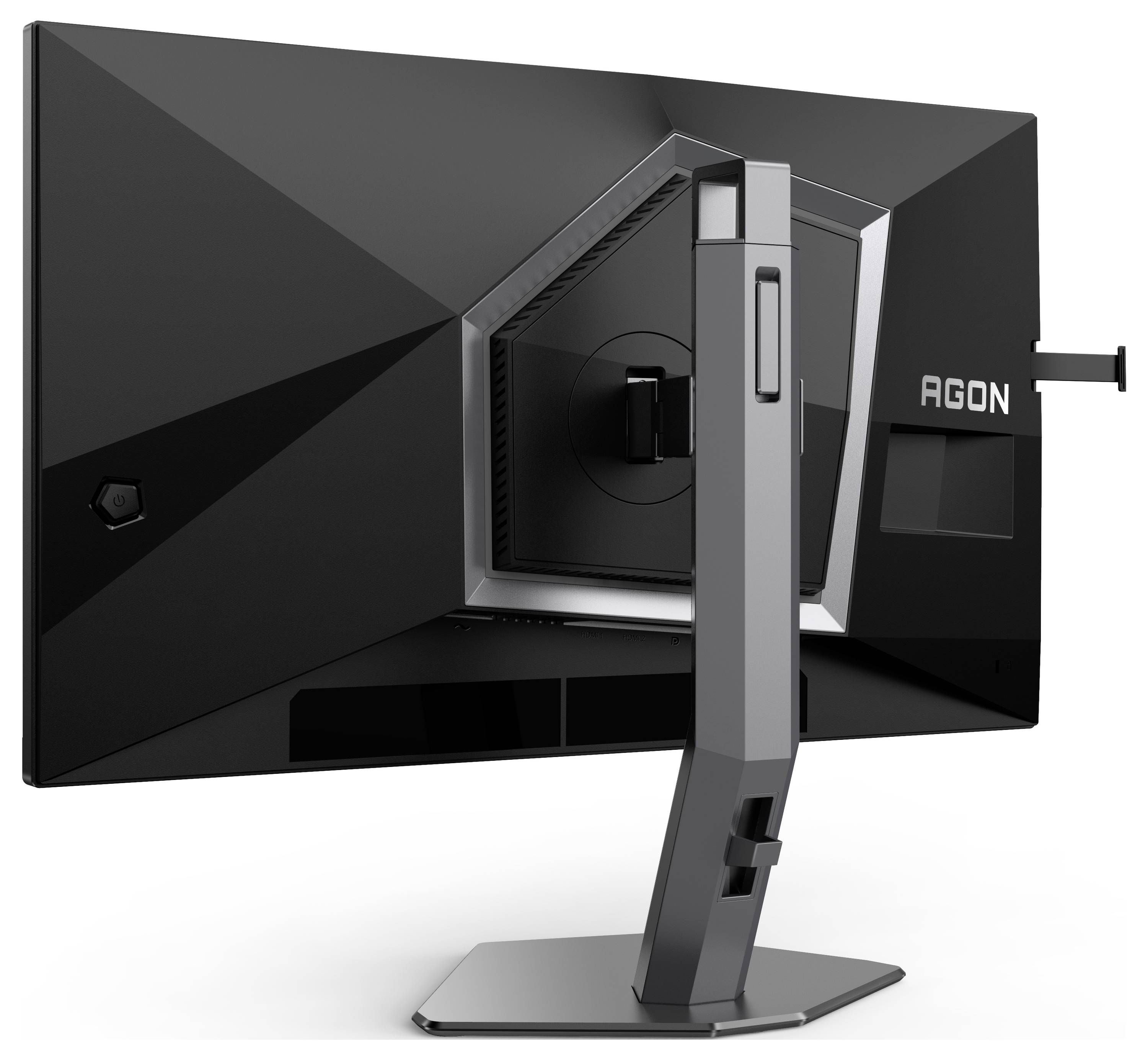Schwarzer Gaming-Monitor von hinten, Markenname 'AGON', mit geometrischem Design am Gehäuse, moderner Standfuß.