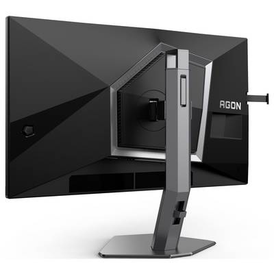Schwarzer Gaming-Monitor von hinten, Markenname 'AGON', mit geometrischem Design am Gehäuse, moderner Standfuß.