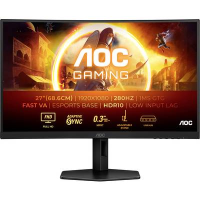 Ein AOC Gaming-Monitor zeigt ein oranges Grafikdesign mit 'AOC Gaming' Text. 27 Zoll, 1920x1080, 280Hz, 1ms Reaktionszeit.
