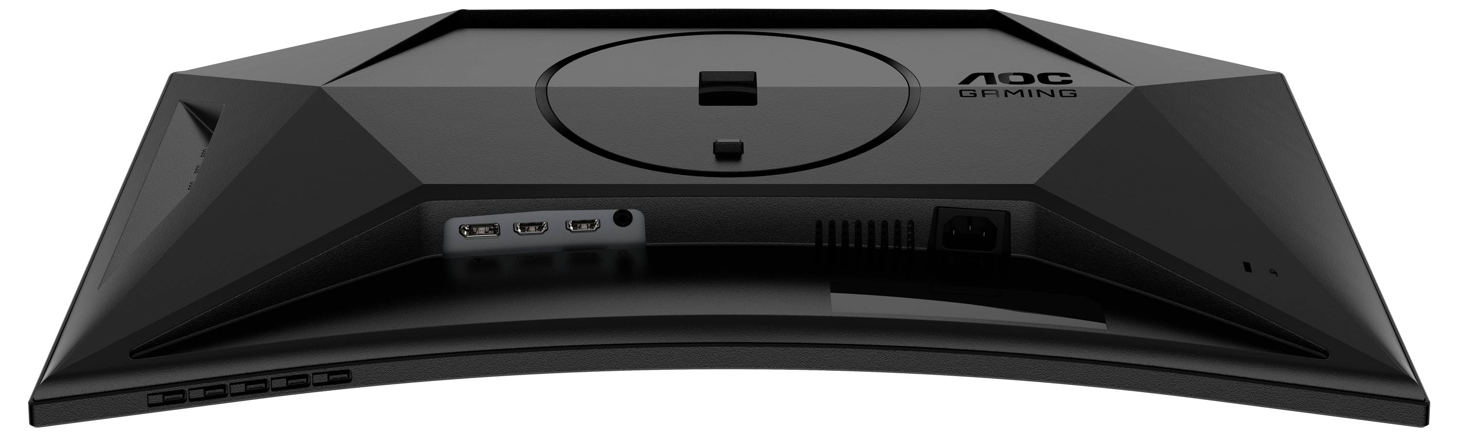 Rückansicht eines AOC-Gaming-Monitors, zeigt Anschlüsse und Lüftungsöffnungen.