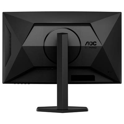 Rückansicht eines schwarzen Gaming-Monitors mit geometrischem Design und Standfuß, Markenlogo sichtbar.