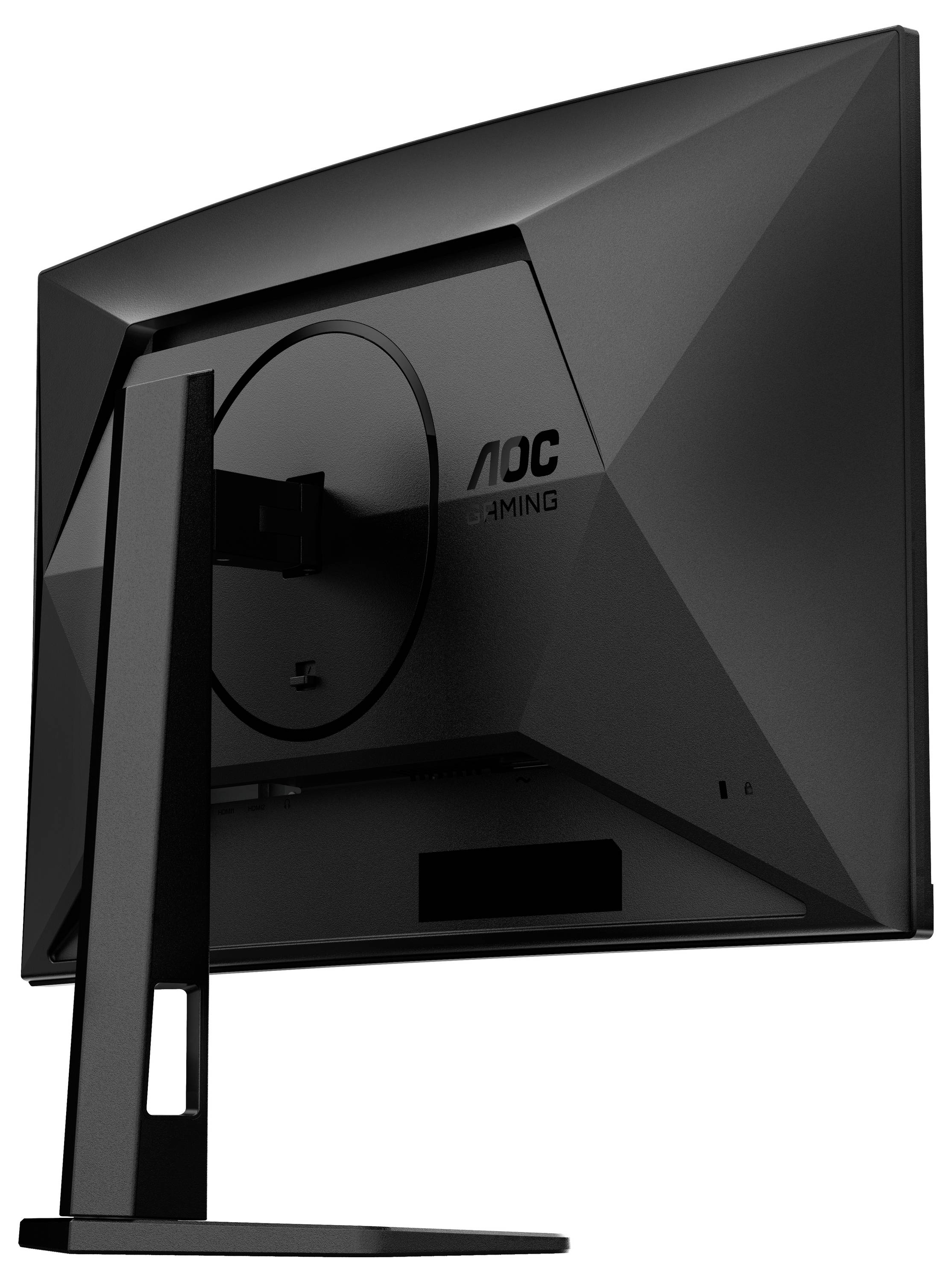 Ein schwarzer Gaming-Monitor von AOC, von hinten gesehen, auf einem rechteckigen Standfuß montiert.