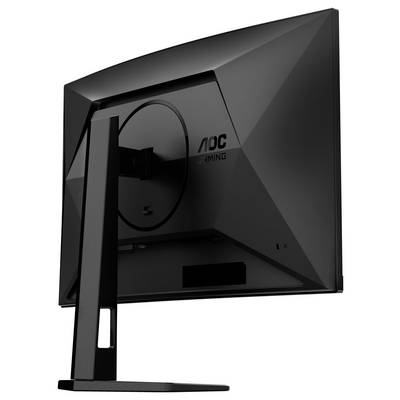 Ein schwarzer Gaming-Monitor von AOC, von hinten gesehen, auf einem rechteckigen Standfuß montiert.