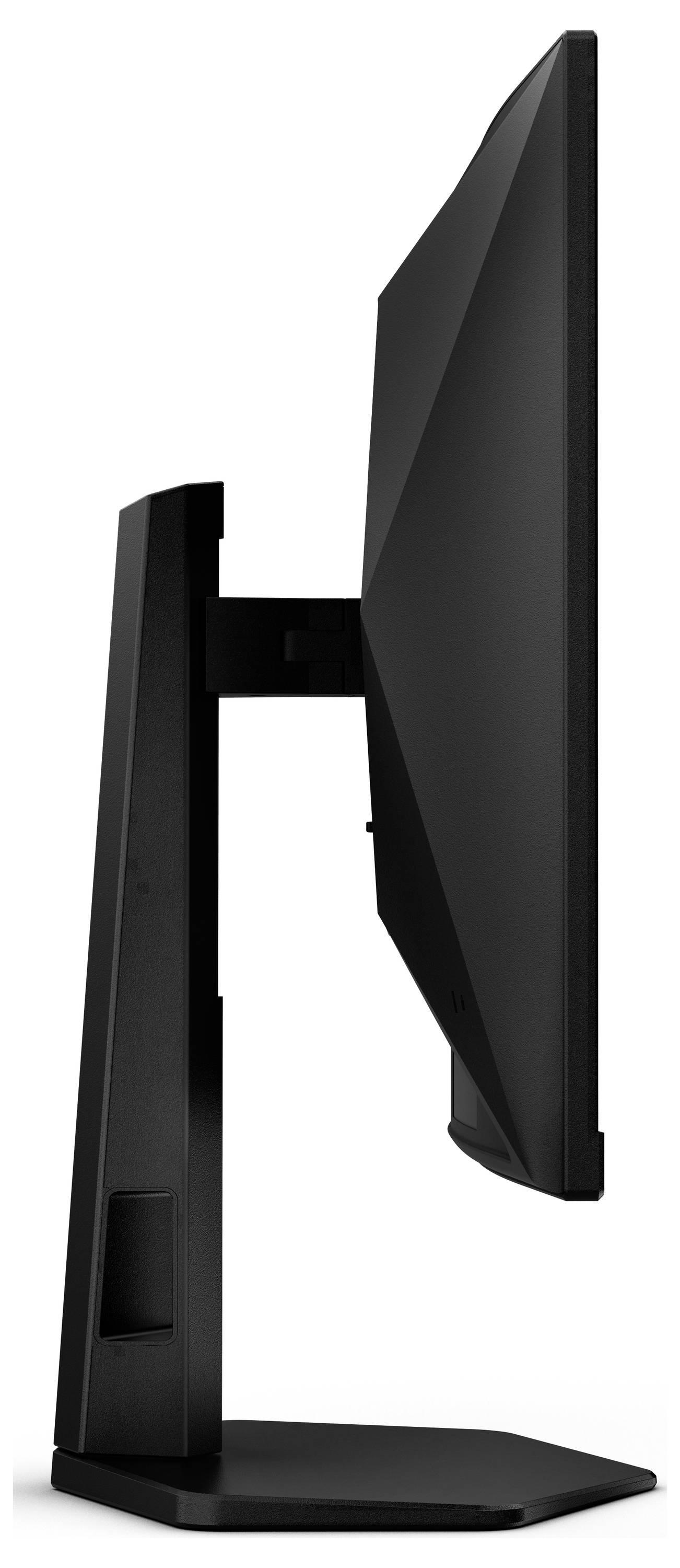 Seitenansicht eines modernen, schwarzen Computerbildschirms auf Ständer. Der Bildschirm ist dünn und neigbar, geeignet für Büro- oder Gaming-Setups.