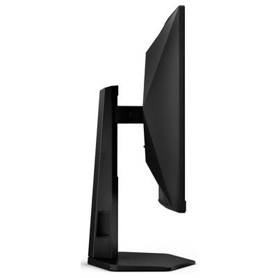 Seitenansicht eines modernen, schwarzen Computerbildschirms auf Ständer. Der Bildschirm ist dünn und neigbar, geeignet für Büro- oder Gaming-Setups.