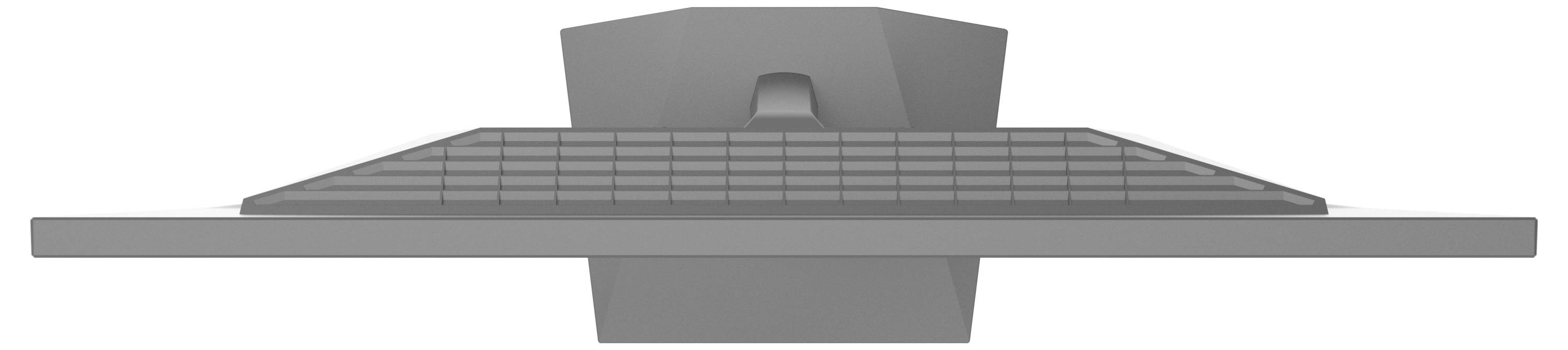 Ein grauer, moderner Computermonitor von der Seite betrachtet, zeigt die schlanke Form und den Standfuß.