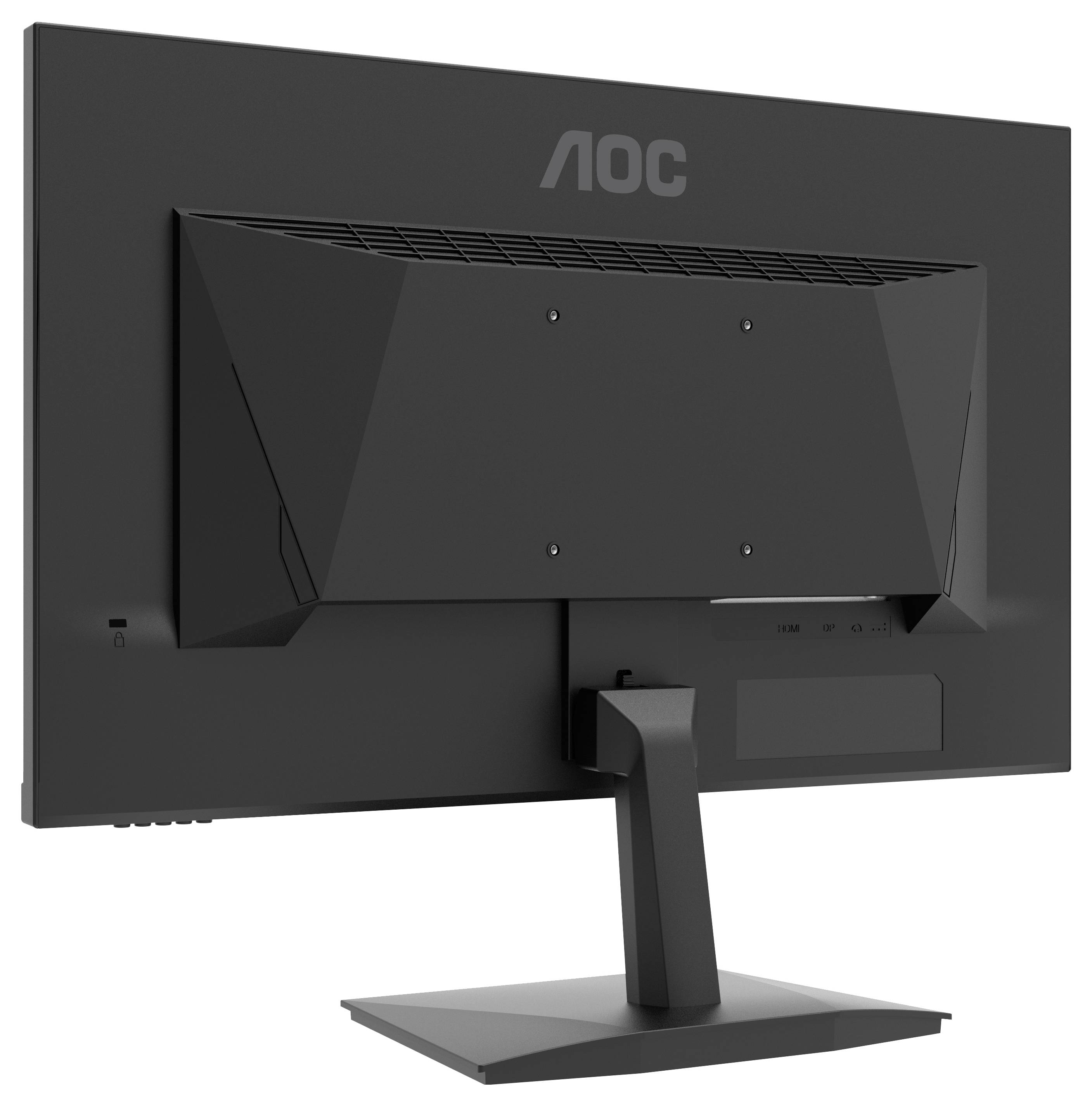 Ein schwarzer AOC-Monitor von hinten, zeigt den Standfuß und die Lüftungsschlitze.