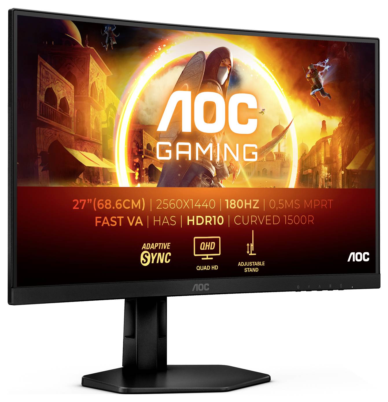 AOC 27" Gaming-Monitor mit 2560x1440 Auflösung, 180Hz, 0,5ms Reaktionszeit, gebogenem Design und Adaptive Sync-Technologie.