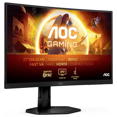 AOC 27" Gaming-Monitor mit 2560x1440 Auflösung, 180Hz, 0,5ms Reaktionszeit, gebogenem Design und Adaptive Sync-Technologie.