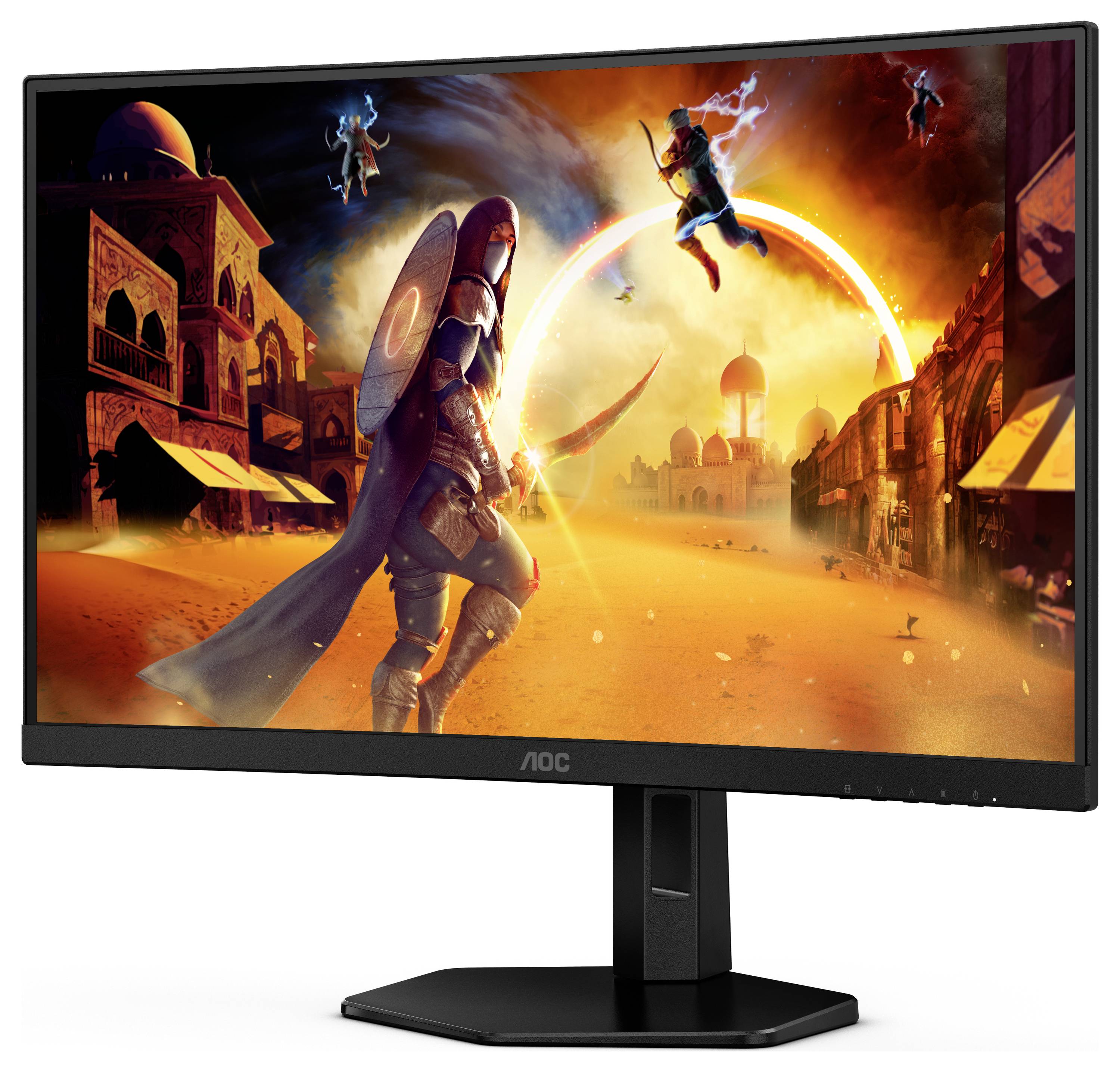 Ein Computermonitor zeigt ein fantasievolles Wüstenabenteuer mit Kriegern und einer leuchtenden Stadt im Hintergrund.