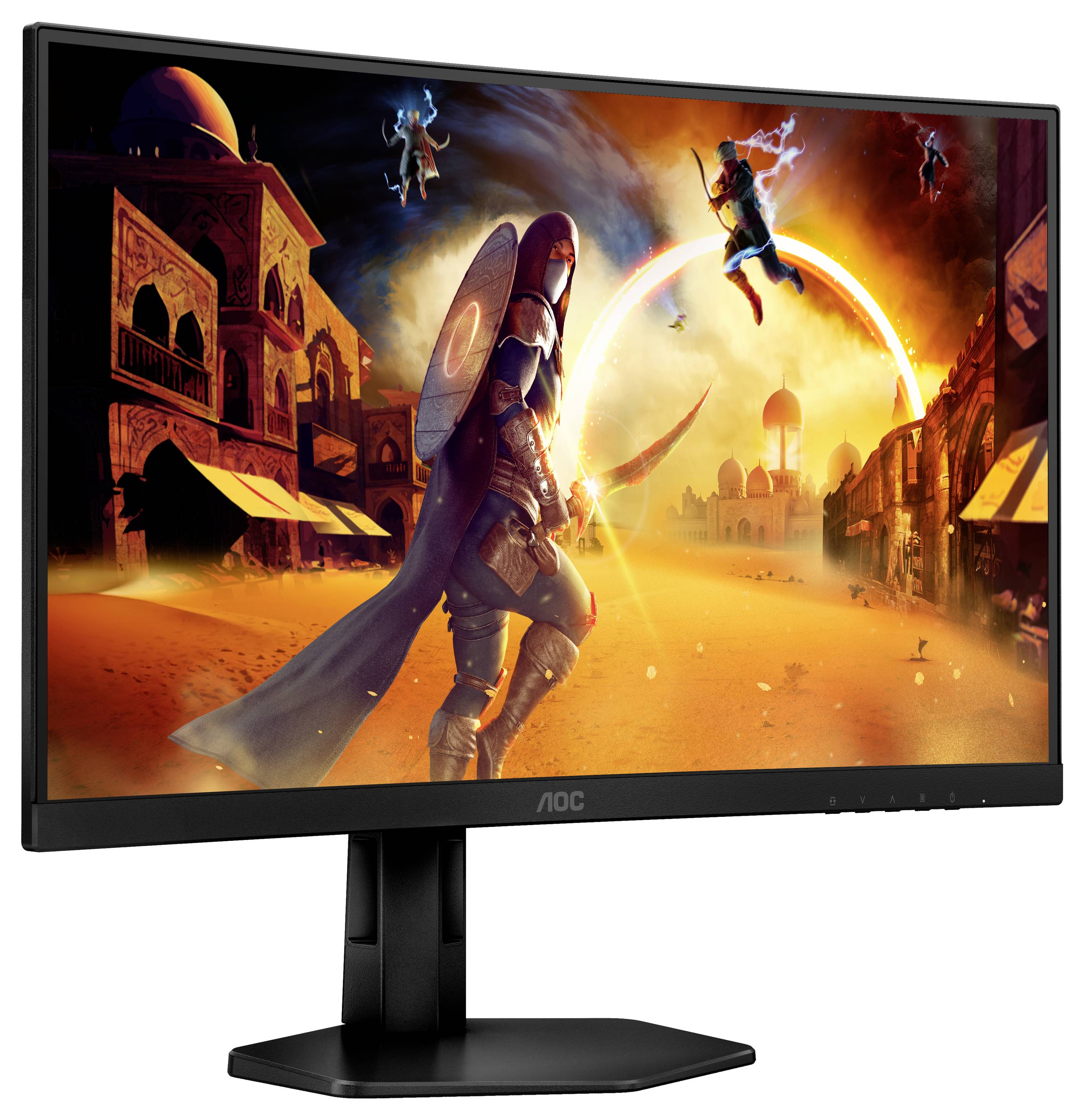Ein Monitor mit einer farbenfrohen Fantasy-Szene auf dem Bildschirm. Ein Krieger steht in einer Wüstenstadt mit fliegenden Figuren.