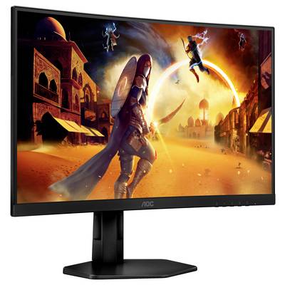 Ein Monitor mit einer farbenfrohen Fantasy-Szene auf dem Bildschirm. Ein Krieger steht in einer Wüstenstadt mit fliegenden Figuren.