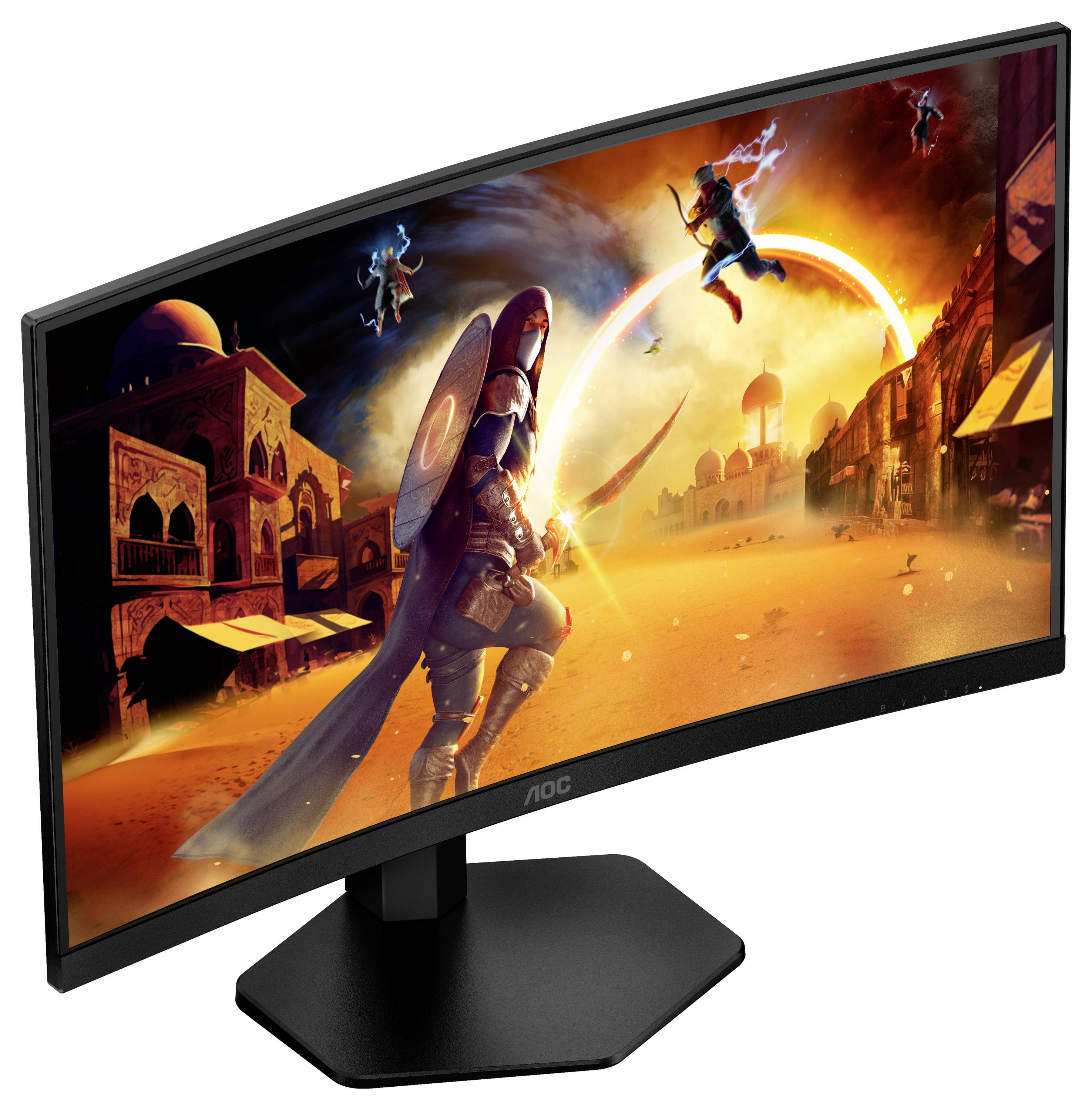 Ein gekrümmter Monitor zeigt ein lebhaftes Fantasy-Kampfszene, mit einer Kriegerin im Vordergrund und einer brennenden Stadt im Hintergrund.