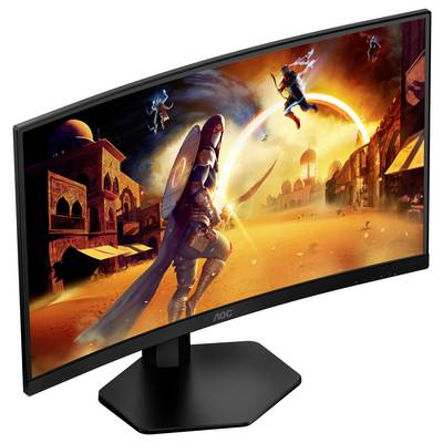 Ein gekrümmter Monitor zeigt ein lebhaftes Fantasy-Kampfszene, mit einer Kriegerin im Vordergrund und einer brennenden Stadt im Hintergrund.