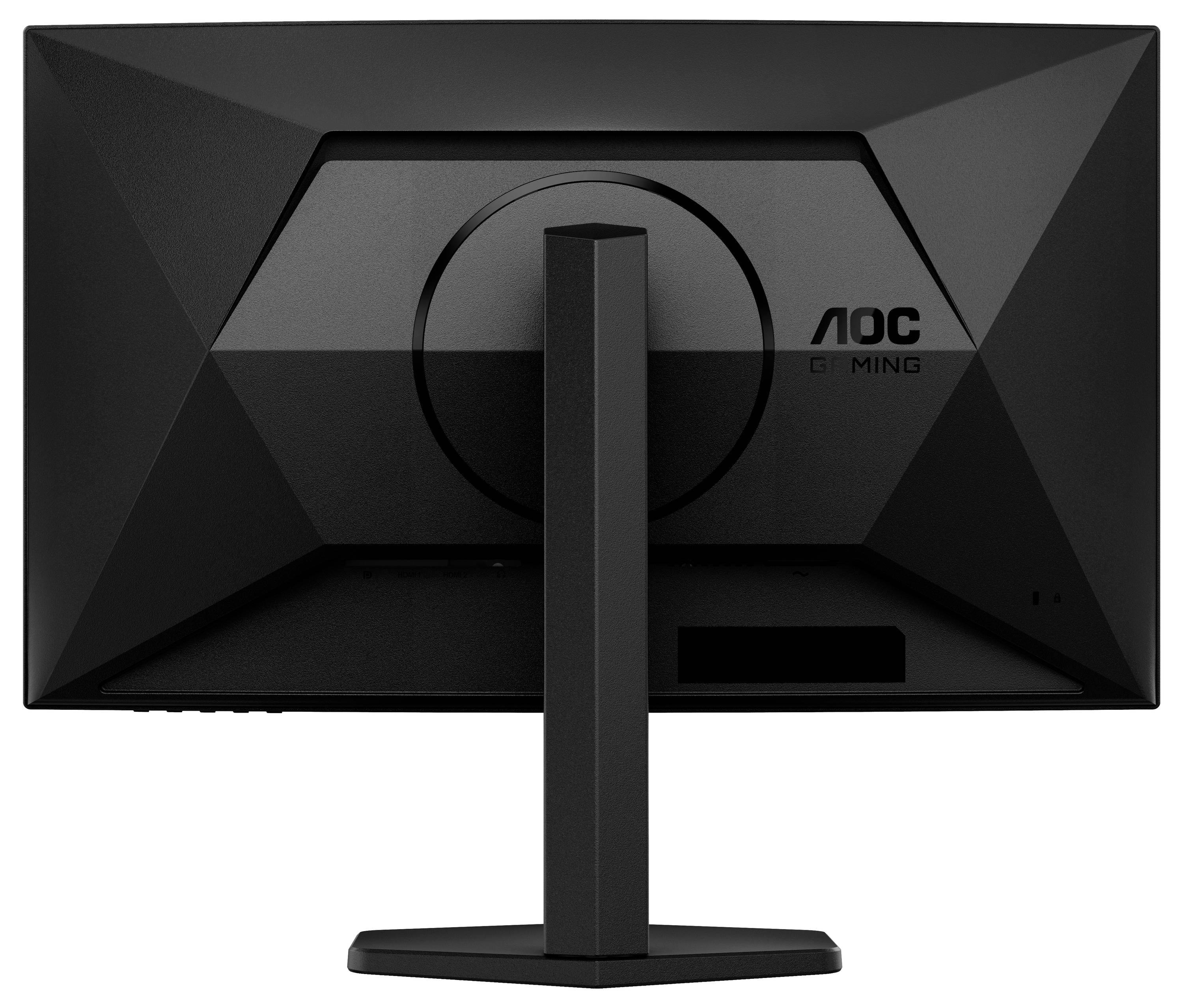 Ein schwarzer Gaming-Monitor von AOC, betrachtet von hinten. Der Standfuß ist zentral montiert, das Design wirkt geometrisch und modern.