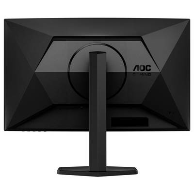 Ein schwarzer Gaming-Monitor von AOC, betrachtet von hinten. Der Standfuß ist zentral montiert, das Design wirkt geometrisch und modern.