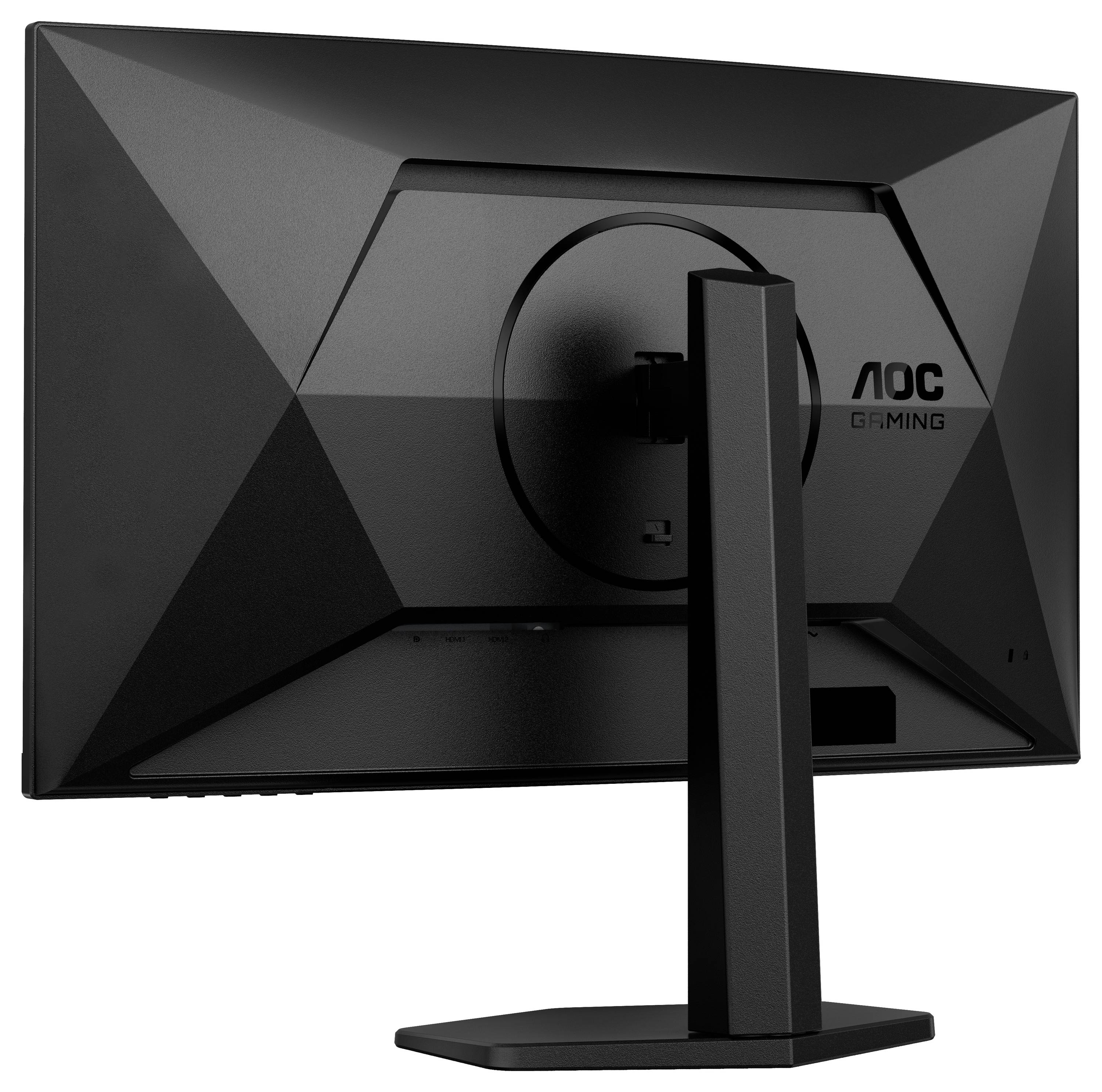 Rückansicht eines schwarzen Gaming-Monitors der Marke AOC, mit eckigem Design und verstellbarem Ständer.