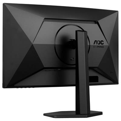 Rückansicht eines schwarzen Gaming-Monitors der Marke AOC, mit eckigem Design und verstellbarem Ständer.