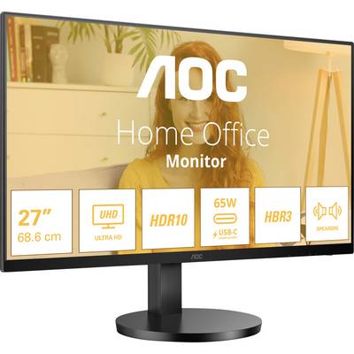 Ein Monitor mit der Aufschrift 'AOC Home Office Monitor', 27 Zoll, UHD, HDR10, 65W USB-C, HBR3. Im Hintergrund ein Bürobereich.