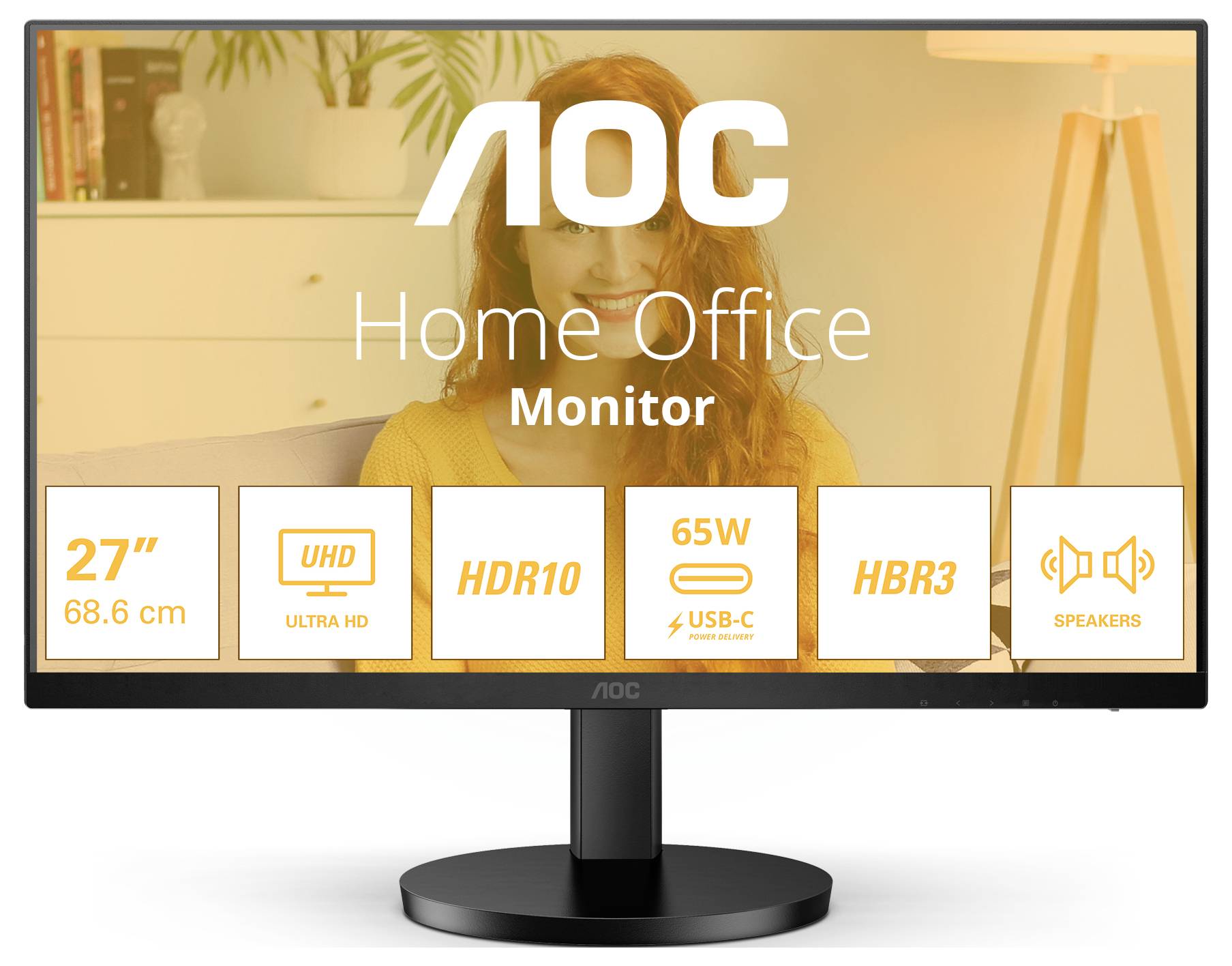 AOC Monitor für Home Office: 27 Zoll, UHD, HDR10, 65W USB-C, HBR3, integrierte Lautsprecher.