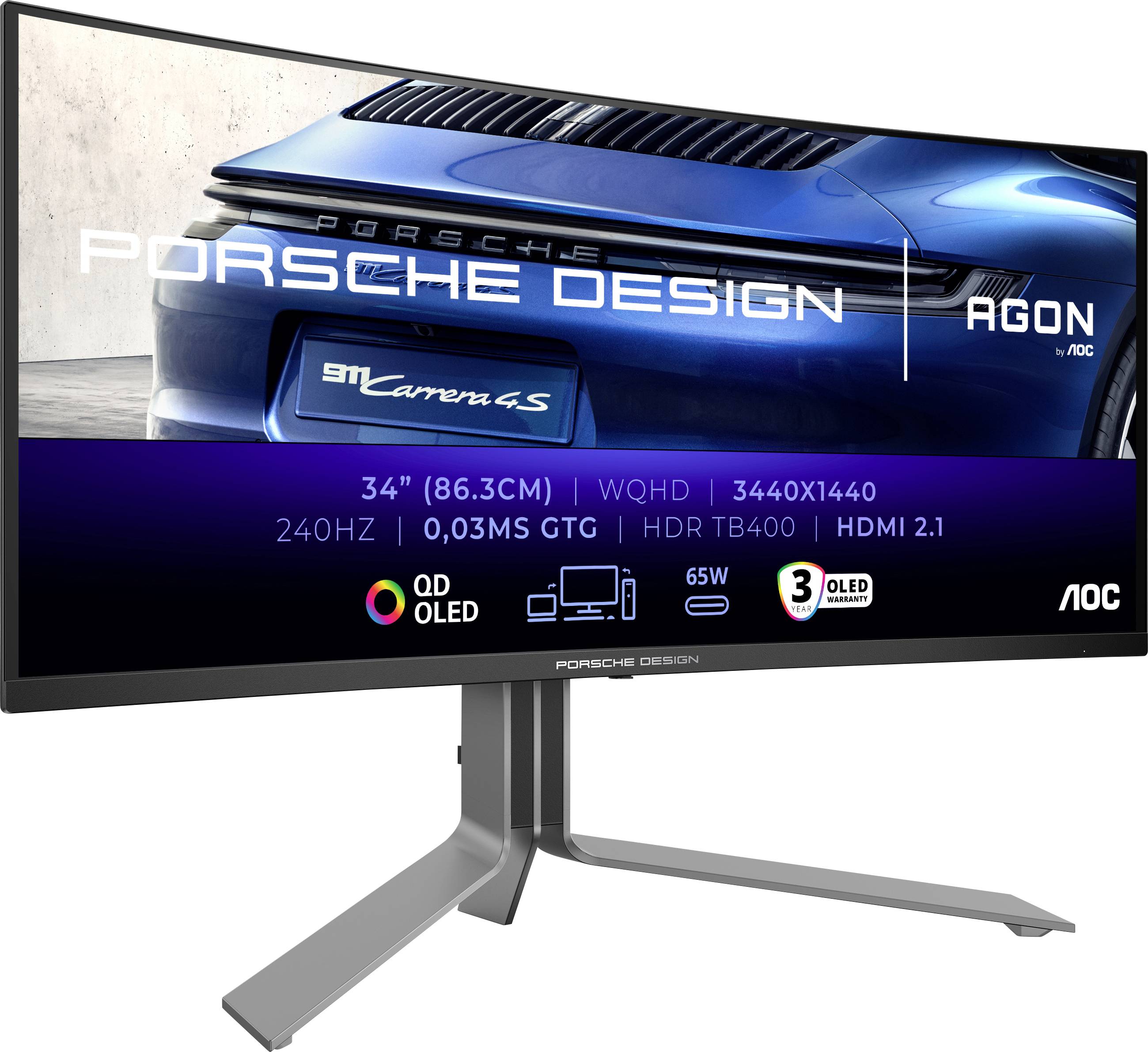 34-Zoll gebogener Monitor Porsche Design von AOC mit WQHD-Auflösung, 240Hz, 0,03ms Reaktionszeit, HDR-Technologie und HDMI 2.1.