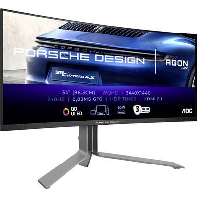 34-Zoll gebogener Monitor Porsche Design von AOC mit WQHD-Auflösung, 240Hz, 0,03ms Reaktionszeit, HDR-Technologie und HDMI 2.1.