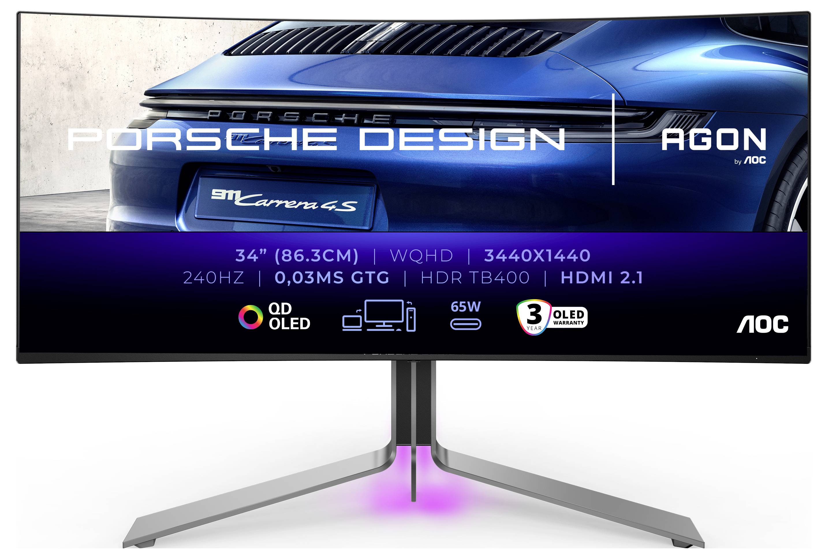 Porsche Design Monitor mit Porsche 911 Heckansicht und technischen Details: 34" WQHD, 240Hz, 0,03ms, HDR, HDMI 2.1, QD OLED, 65W.
