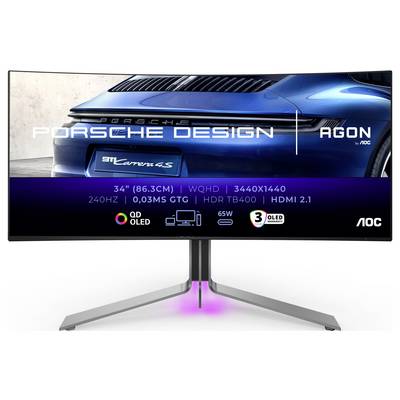 Porsche Design Monitor mit Porsche 911 Heckansicht und technischen Details: 34" WQHD, 240Hz, 0,03ms, HDR, HDMI 2.1, QD OLED, 65W.