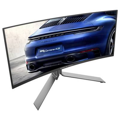 Ein gebogener Monitor zeigt ein Bild des Hecks eines blauen Sportwagens mit der Aufschrift '911 Carrera S'.