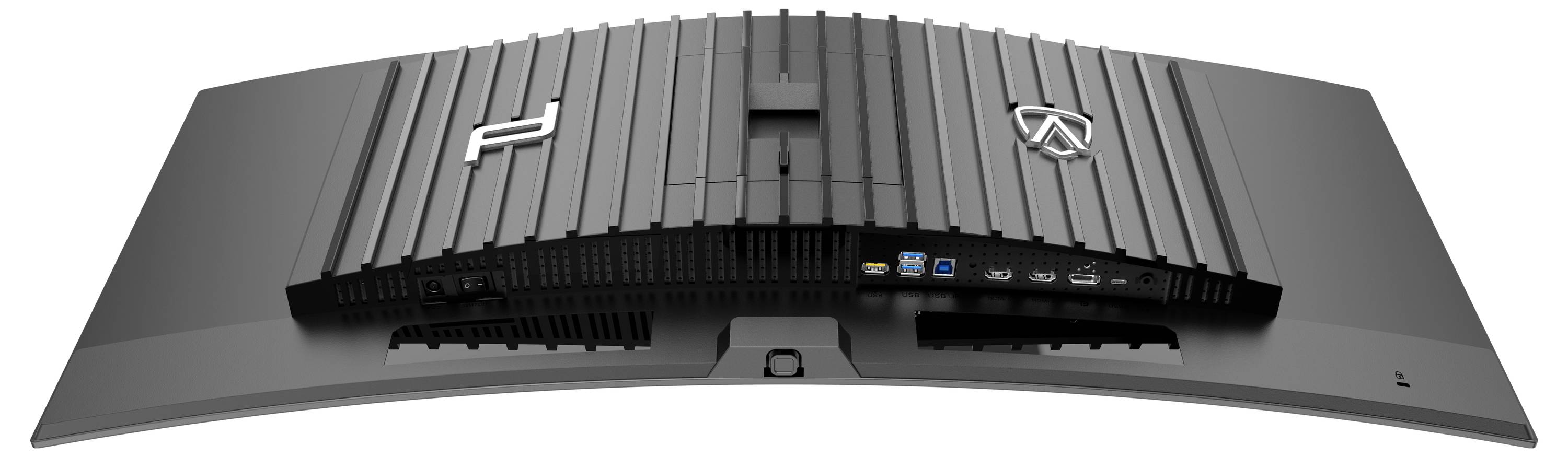 Ein gebogener Gaming-Monitor von oben gesehen, zeigt das Anschlussfeld mit USB- und HDMI-Ports sowie das Logo auf der Rückseite.