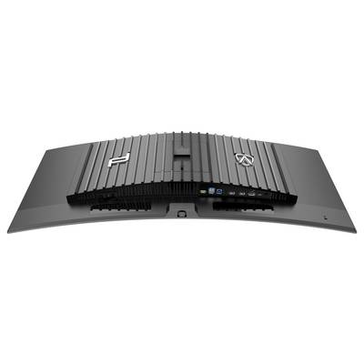 Ein gebogener Gaming-Monitor von oben gesehen, zeigt das Anschlussfeld mit USB- und HDMI-Ports sowie das Logo auf der Rückseite.