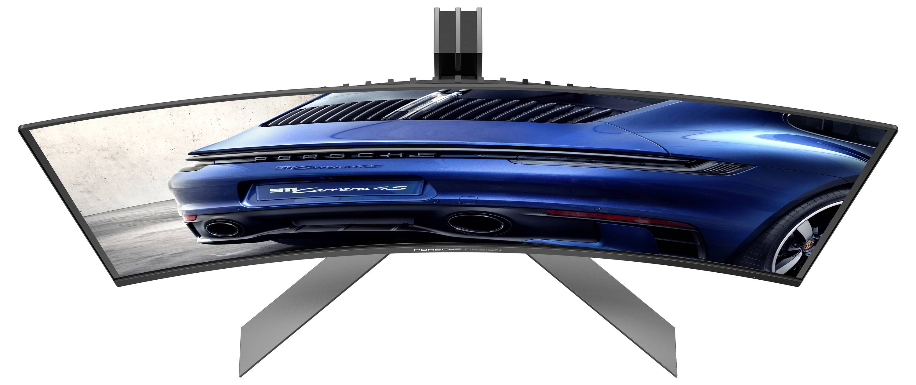 Gebogener Monitor mit Bild eines blauen Autos von hinten, zeigt Details wie Rücklicht und Auspuff. Technik-Display auf modernem Standfuß.