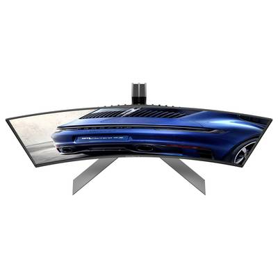 Gebogener Monitor mit Bild eines blauen Autos von hinten, zeigt Details wie Rücklicht und Auspuff. Technik-Display auf modernem Standfuß.