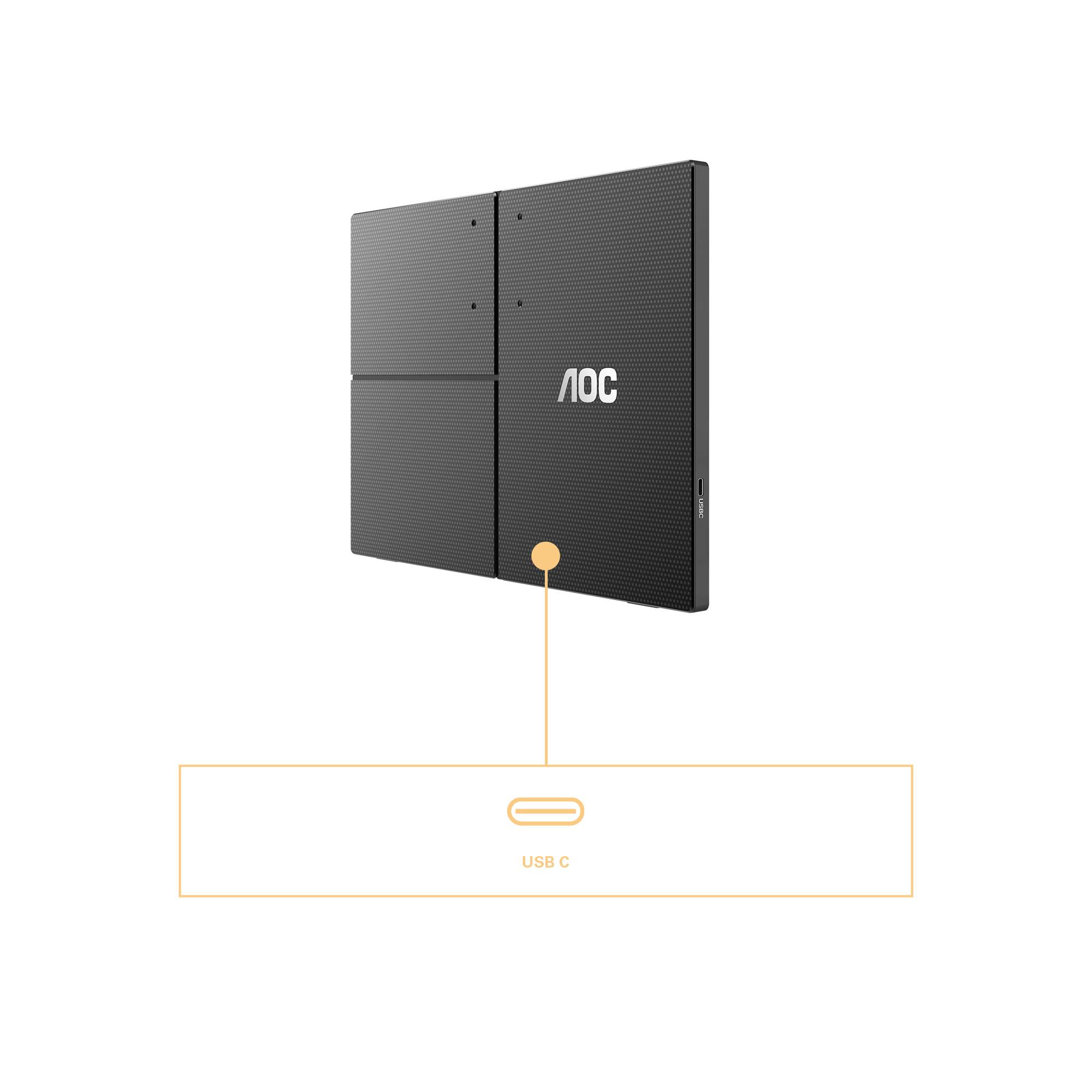 AOC Monitor mit USB-C-Anschluss, hervorgehoben durch eine Linie zu einem USB-C-Symbol. Rechteckiges schwarzes Design.