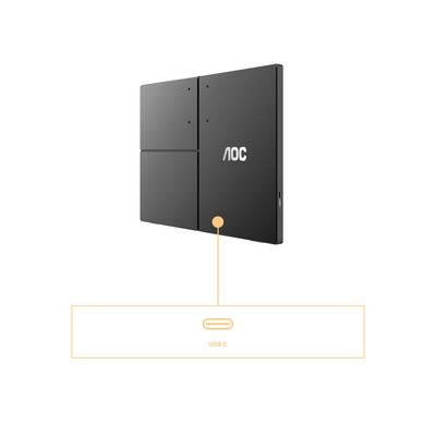 AOC Monitor mit USB-C-Anschluss, hervorgehoben durch eine Linie zu einem USB-C-Symbol. Rechteckiges schwarzes Design.