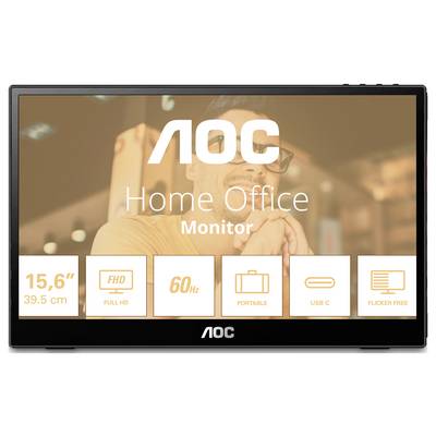 AOC Home Office Monitor, 15,6 Zoll, Full HD, 60 Hz, tragbar, USB-C, flimmerfrei. Hauptbildschirm zeigt Hauptmerkmale im Vordergrund.